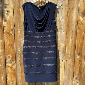 Lauren Ralph Lauren Blue Sheath Midi Dress Cowl Neck Sleeveless